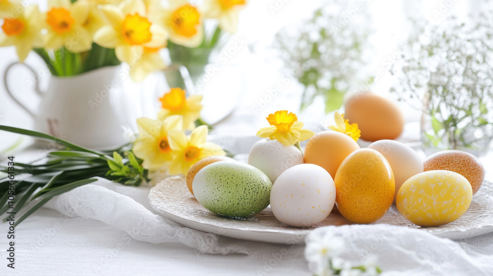 Springtime easter table with pastel eggs and daffodils for holiday decor ideas Springtime easter table with pastel eggs and daffodils for holiday decor ideas