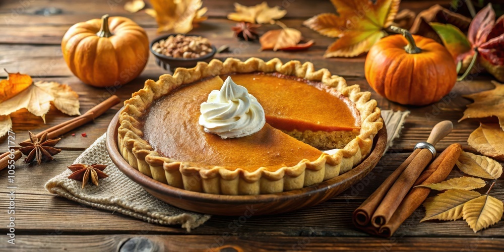 A slice of pumpkin pie with whipped cream, surrounded by autumnal decor, including pumpkins, cinnamon sticks, and fall leaves.