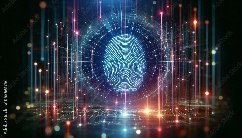 Fototapeta premium Luminous fingerprint in digital network, biometric security and data protection concept