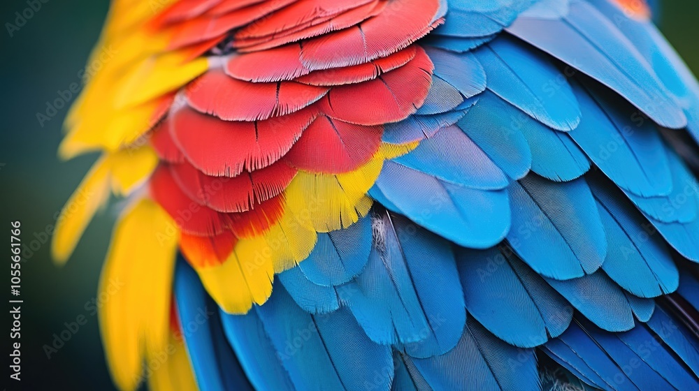 Obraz premium Close up of vibrant blue yellow and red feathers from an exotic parrot species