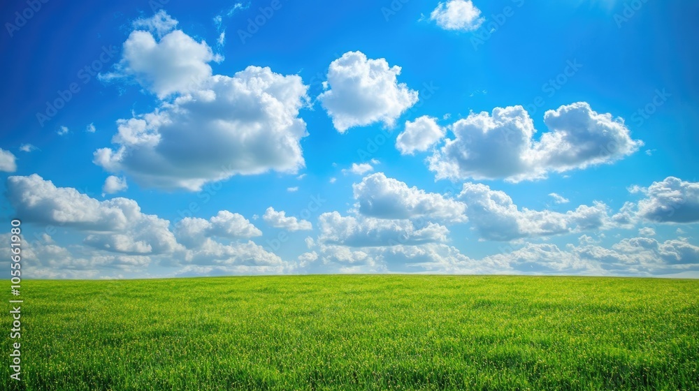 Vast Green Fields Beneath a Bright Blue Sky Decorated with Soft White Clouds Floating Gracefully A Panoramic View of Tranquility Vast Green Fields Beneath a Bright Blue Sky Decorated with Soft White Clouds Floating Gracefully A Panoramic View of Tranquility