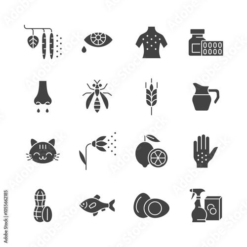 Allergy glyph icon set. Allergy symptoms and allergens vector collection with rash, plant pollen, pet, dairy, seafood, insect, egg, gluten, medicine.