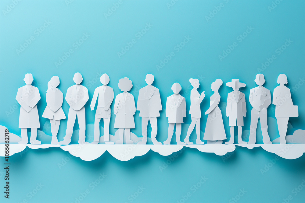 Paper cut-out figures of diverse people standing in a row. Generative AI image Paper cut-out figures of diverse people standing in a row. Generative AI image