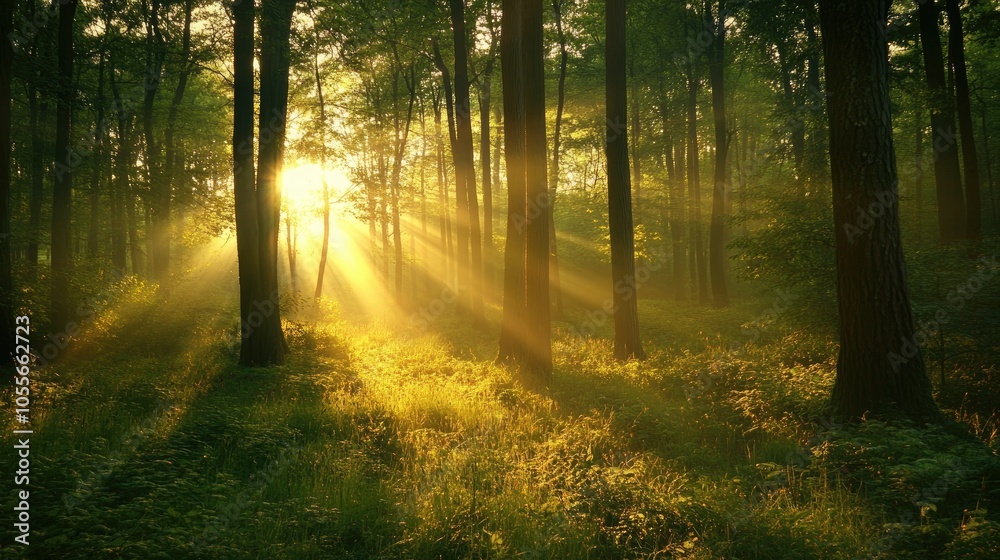 Obraz premium Lush green forest bathed in the soft golden light of sunrise during the enchanting golden hour