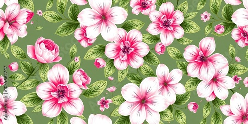 Seamless pattern of delicate pink and white flowers with green leaves, spring, repetitive, seamless