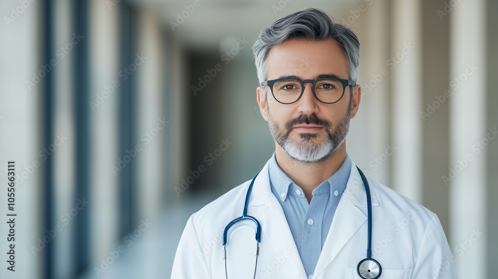 Experienced male doctor in white coat with stethoscope, standing confidently in modern medical facility. His calm demeanor reflects professionalism and care. Experienced male doctor in white coat with stethoscope, standing confidently in modern medical facility. His calm demeanor reflects professionalism and care.