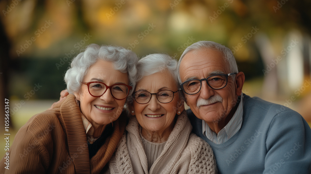 joyful elderly couple and woman with gray hair smile warmly together in serene outdoor setting, showcasing love and companionship. joyful elderly couple and woman with gray hair smile warmly together in serene outdoor setting, showcasing love and companionship.