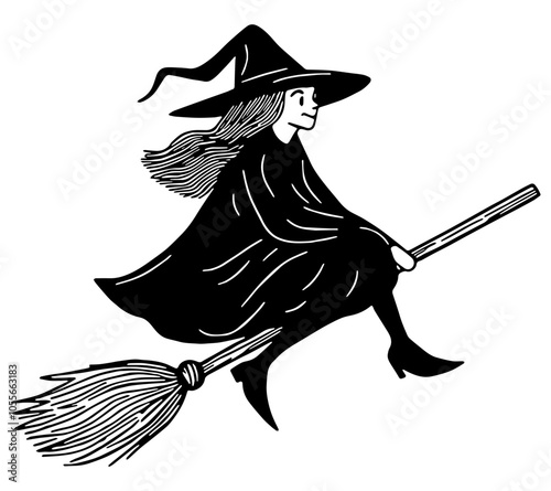 Witch flying on broomstick silhouette. Flat Vector Illustration