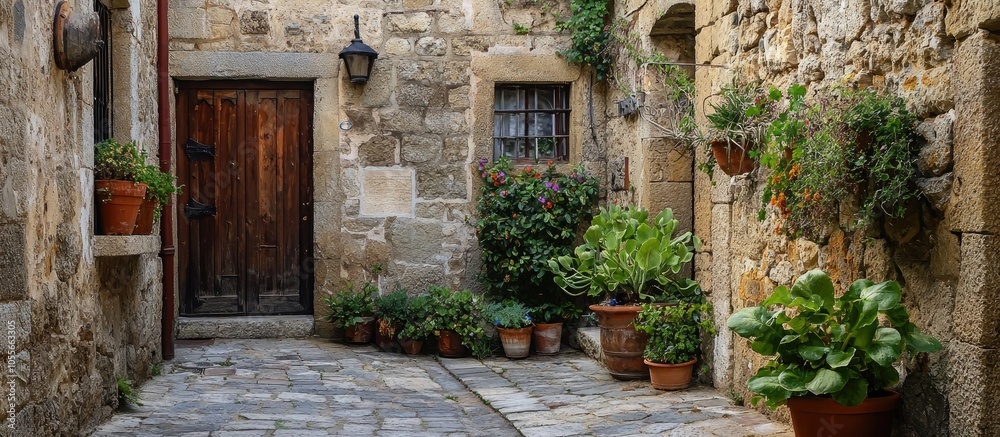 Fototapeta premium Ancient Stone Building Green Plants In Pots European Architecture