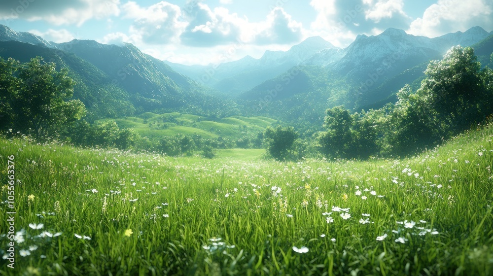 Lush Green Meadow with White Flowers and Snow-Capped Mountains in the Background Lush Green Meadow with White Flowers and Snow-Capped Mountains in the Background
