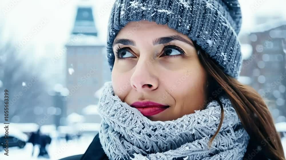 Woman bundled up in winter clothing, smiling warmly with snowflakes on her scarf and hat in a snowy city Woman bundled up in winter clothing, smiling warmly with snowflakes on her scarf and hat in a snowy city