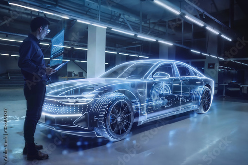 Engineer analyzing holographic car with ar. Generative AI