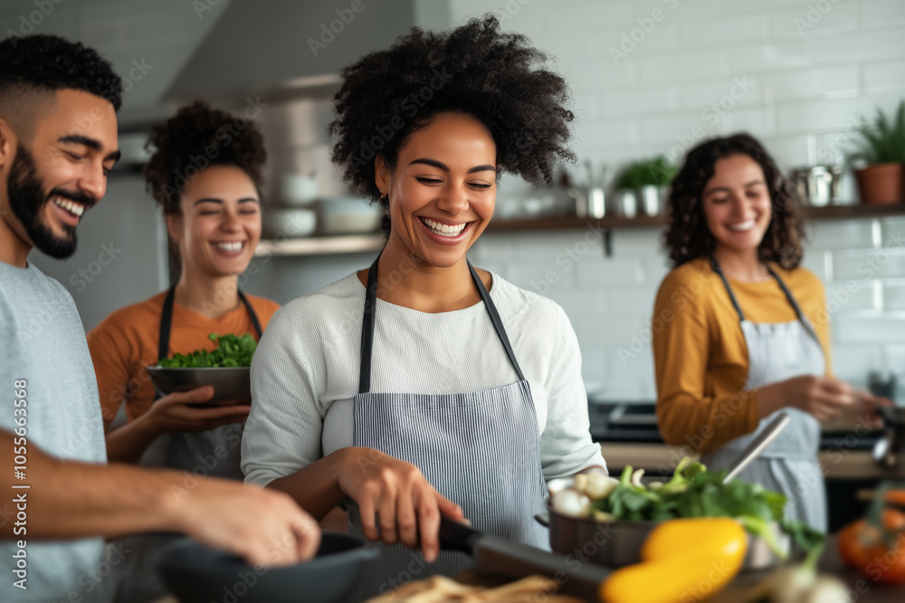 A group of diverse friends gather around the kitchen counter, cooking and laughing while preparing a meal together. Teamwork illustrates the joy of friendship and the bond created A group of diverse friends gather around the kitchen counter, cooking and laughing while preparing a meal together. Teamwork illustrates the joy of friendship and the bond created