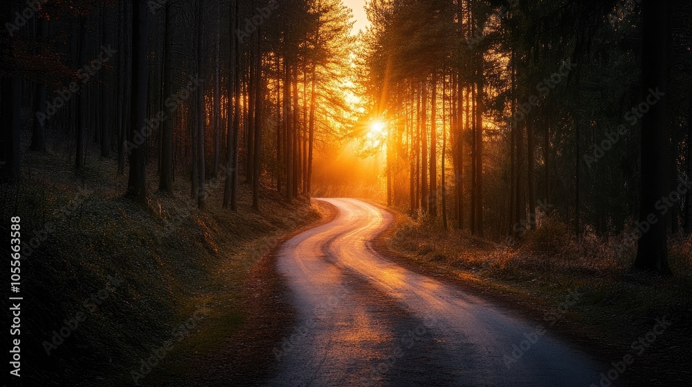 Fototapeta premium Winding road through a forest during sunset
