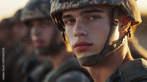 numerous lines of forward-facing tall slim athletic handsome 20 year old American male soldiers, they wear full camouflage uniform and modern combat helmet, Professional photography  photo