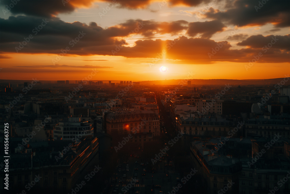 Sunset over a bustling European cityscape. Generative AI image Sunset over a bustling European cityscape. Generative AI image