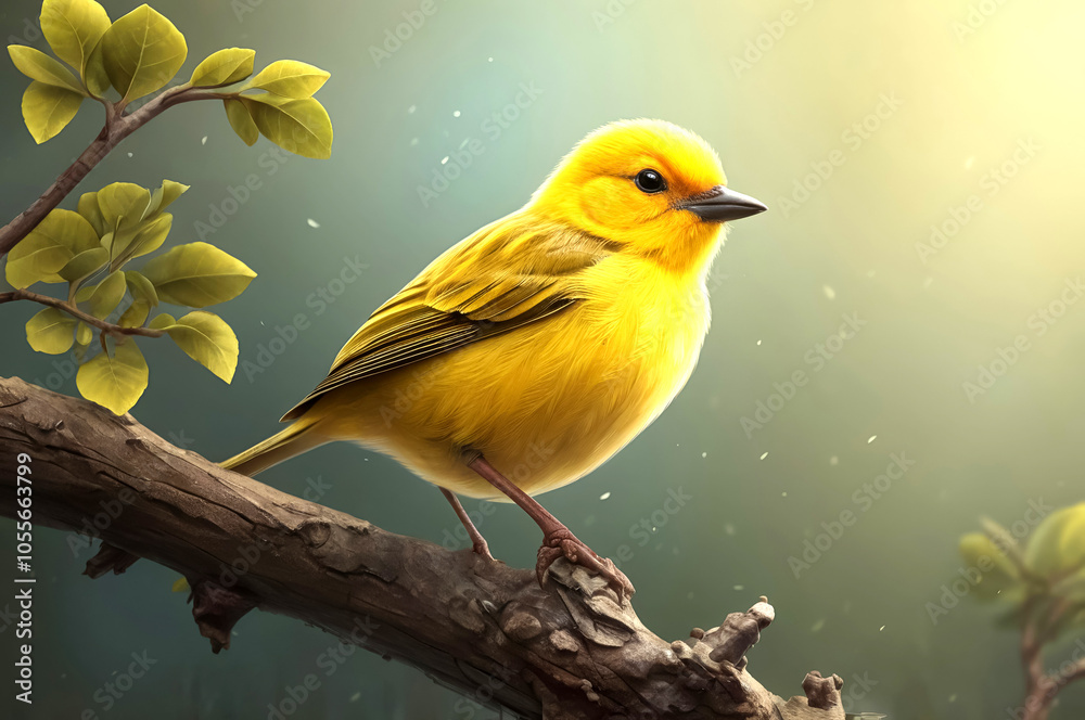 Fototapeta premium Peaceful Yellow Bird on Blossoming Branch