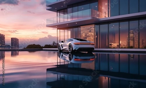 Modern houses with white car 3d rendering