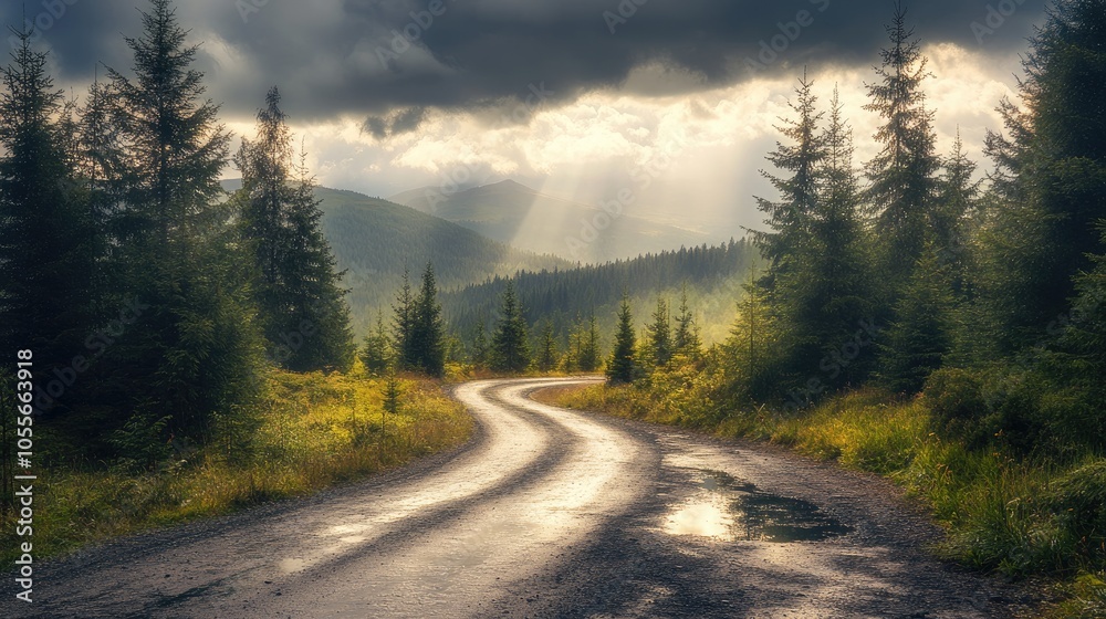 Scenic view of a gravel road winding through an alpine landscape bordered by pine trees with sunlight breaking through clouds after a storm and rainwater filled puddles in the foreground Scenic view of a gravel road winding through an alpine landscape bordered by pine trees with sunlight breaking through clouds after a storm and rainwater filled puddles in the foreground