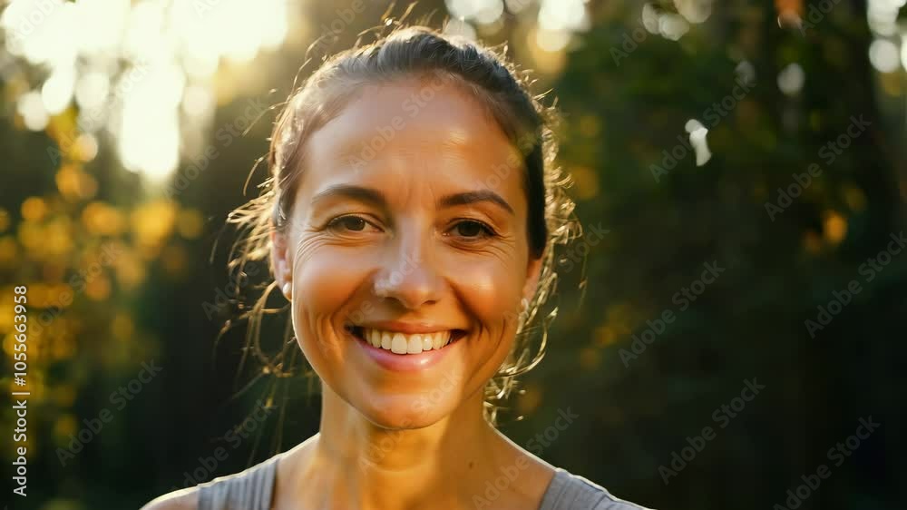Smiling woman in a sunlit forest, with natural light creating a serene and peaceful atmosphere Smiling woman in a sunlit forest, with natural light creating a serene and peaceful atmosphere