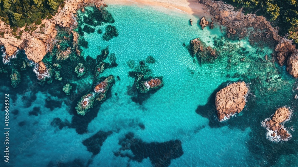 Obraz premium Stunning aerial perspective of a coastline featuring crystal clear turquoise waters evoking a sense of summer and holiday relaxation