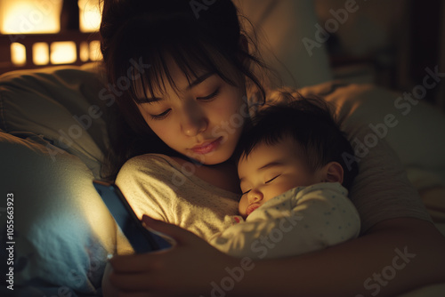 A young parent with a sleeping baby in their arms, looking at their phone.A woman holds a baby in her arms while carefully using her phone