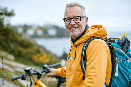 Middle-aged man smiling with bicycle by the lake