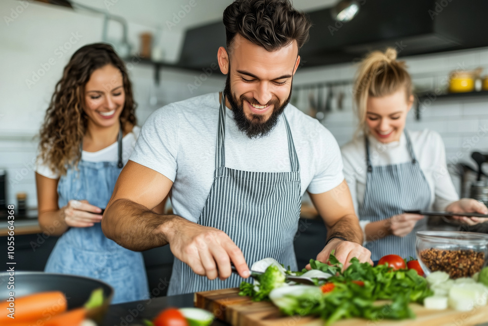 A diverse group of friends smile and enjoy chopping fresh vegetables while cooking in a lively kitchen, showing camaraderie, culinary skills, and the joy of preparing a meal together A diverse group of friends smile and enjoy chopping fresh vegetables while cooking in a lively kitchen, showing camaraderie, culinary skills, and the joy of preparing a meal together