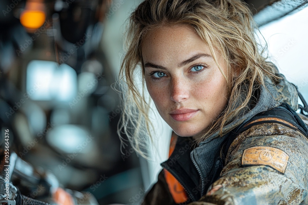 Adventurous woman with muddy gear in off-road vehicle, capturing the spirit of exploration
