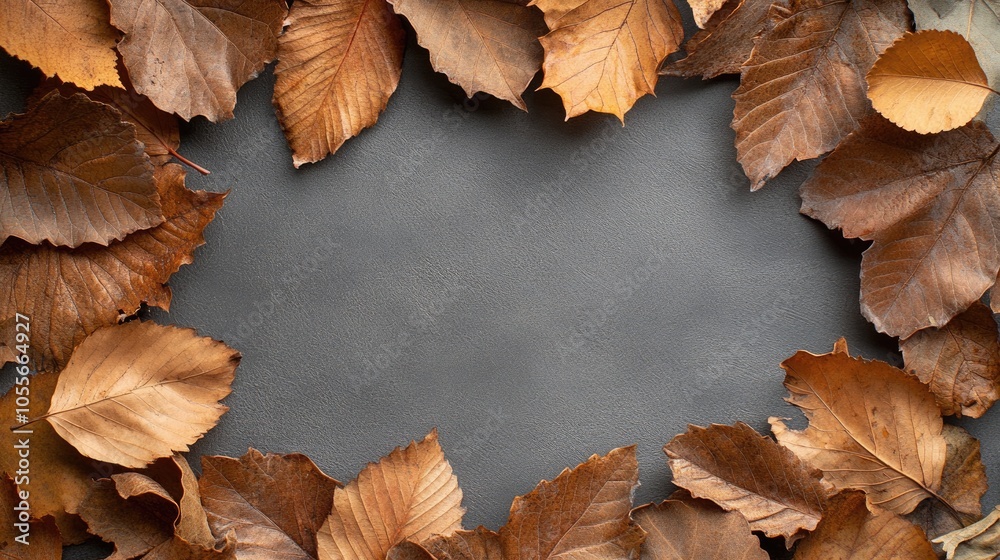 Autumn arrangement featuring a frame crafted from dried leaves against a gray backdrop Fall and thanksgiving theme Flat lay perspective with ample copy space square format Autumn arrangement featuring a frame crafted from dried leaves against a gray backdrop Fall and thanksgiving theme Flat lay perspective with ample copy space square format