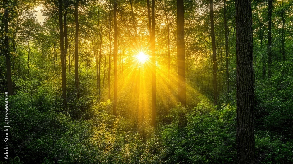 Obraz premium Lush green forest bathed in the soft golden light of sunrise during the enchanting golden hour