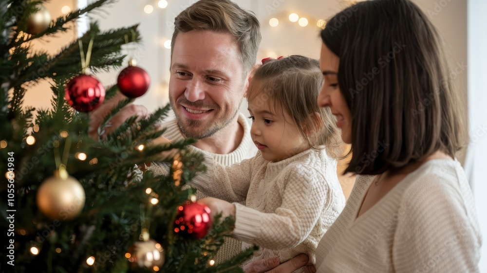 Family Dressed in White Sweaters Decorating Christmas Tree Together Family Dressed in White Sweaters Decorating Christmas Tree Together