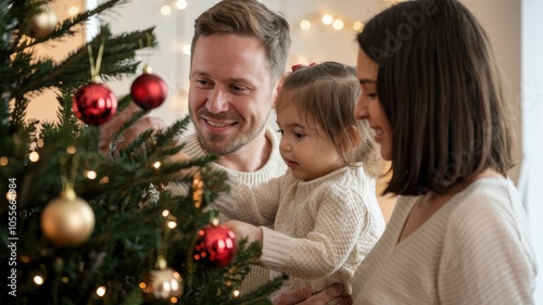 Family Dressed in White Sweaters Decorating Christmas Tree Together