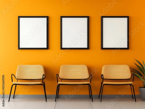 Fototapeta Naklejka Na Ścianę i Meble -  Sleek orange walls in a minimalist waiting room, paired with black metal frames and simple wooden furniture for a clean look