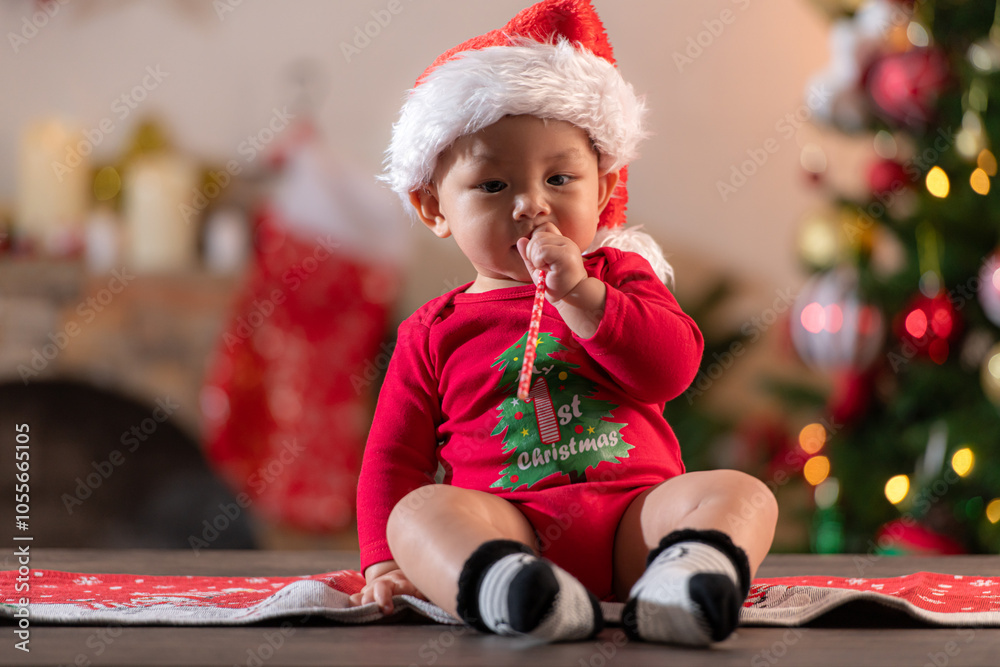 Portrait of little boy in Christmas costume on Christmas night