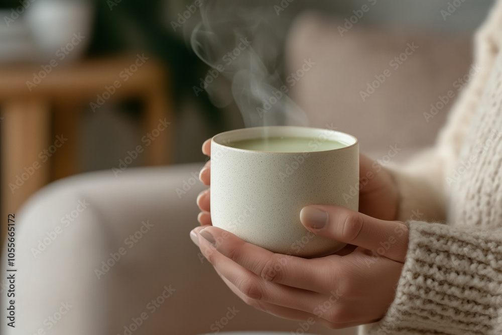 A close-up of hands holding a steaming, light-colored cup, wrapped in a cozy sweater, set against a softly blurred background, evoking warmth, comfort, and tranquility in a serene environment. A close-up of hands holding a steaming, light-colored cup, wrapped in a cozy sweater, set against a softly blurred background, evoking warmth, comfort, and tranquility in a serene environment.