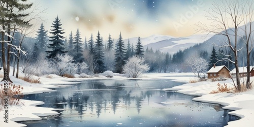 Serene winter landscape featuring a tranquil lake, surrounding coniferous trees, and a cozy cabin at twilight in a snow-covered setting