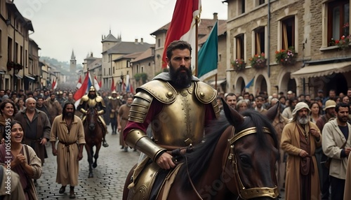 a man in a armor is riding a horse with a red flag in the background.