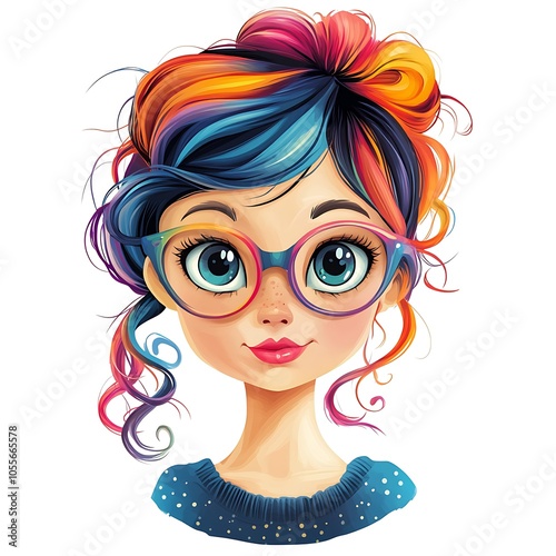 Cartoon girl with whimsical glasses and colorful hair, looking quirky on a white background.