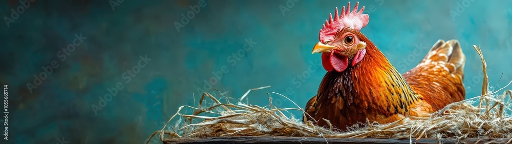 Fototapeta premium A vibrant hen proudly sitting in a nest, showcasing its colorful feathers against a soft, tranquil background. Perfect for farm themes.