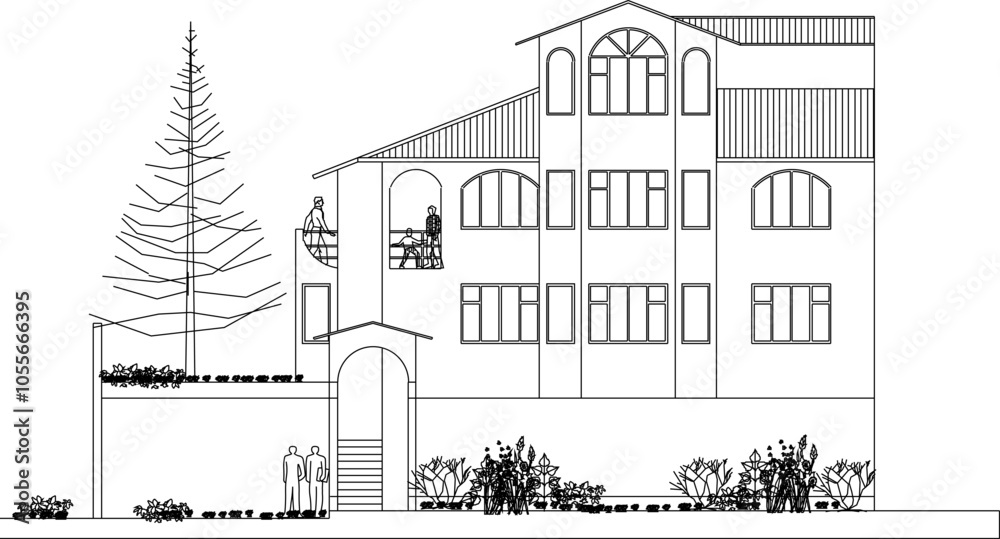 Obraz premium Vector sketch illustration silhouette design engineering drawing traditional ethnic vintage house architecture
