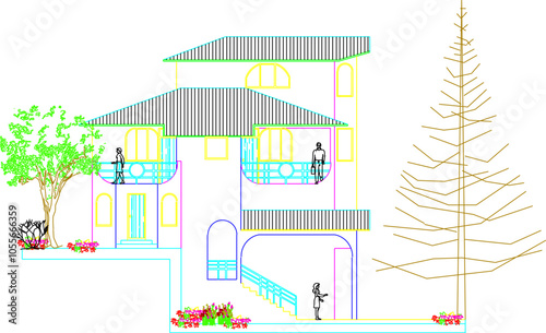 Vector sketch illustration silhouette design engineering drawing traditional ethnic vintage house architecture