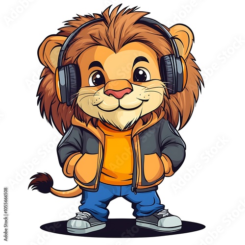 Cartoon funky lion with headphones and a jacket on a white background. photo