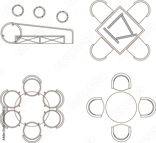 Vector sketch illustration silhouette design drawing of interior furniture sofa chair dining room table seen from above