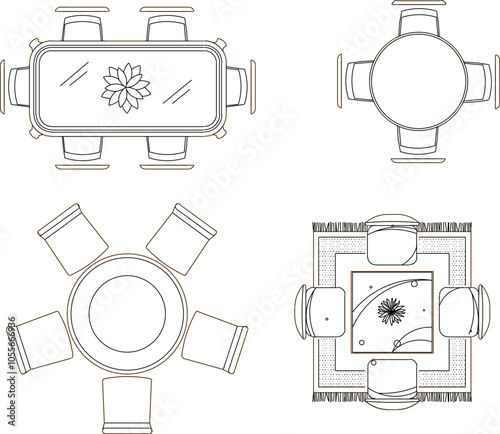 Vector sketch illustration silhouette design drawing of interior furniture sofa chair dining room table seen from above
