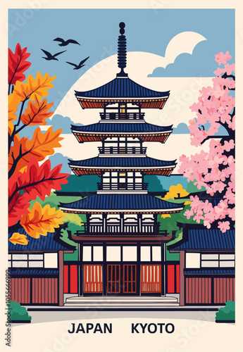 Kyoto, Japan Travel Destination Posters in retro style.  Exotic vacation, holidays concept. Vintage vector colorful illustration.