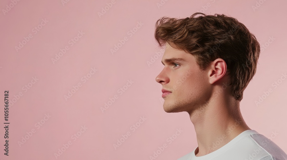 Profile of a young man against a soft pink background, showcasing a calm and contemplative expression. Profile of a young man against a soft pink background, showcasing a calm and contemplative expression.