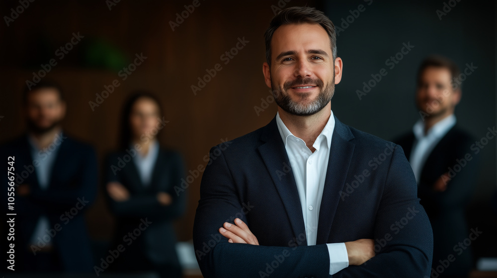Confident businessman standing in front of team, showcasing leadership and professionalism in modern office environment. Confident businessman standing in front of team, showcasing leadership and professionalism in modern office environment.