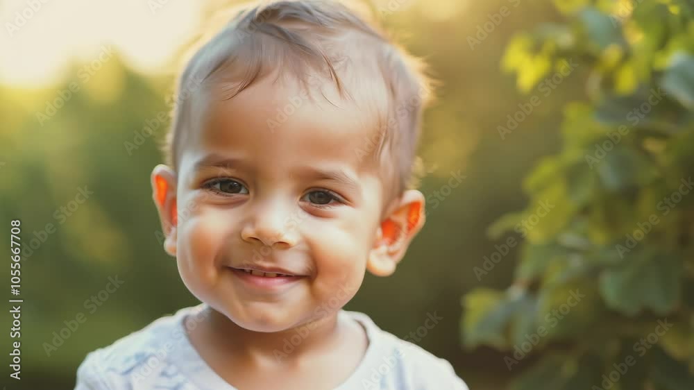 A close-up shot of a smiling one-year-old child with soft lighting. The child is looking at the camera with a gentle smile, while the background features softly blurred greenery. A close-up shot of a smiling one-year-old child with soft lighting. The child is looking at the camera with a gentle smile, while the background features softly blurred greenery.