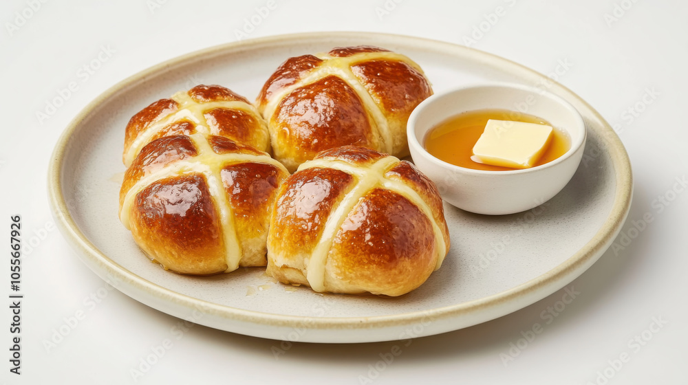 Delicious hot cross buns with honey and butter on light plate - perfect for easter celebrations Delicious hot cross buns with honey and butter on light plate - perfect for easter celebrations